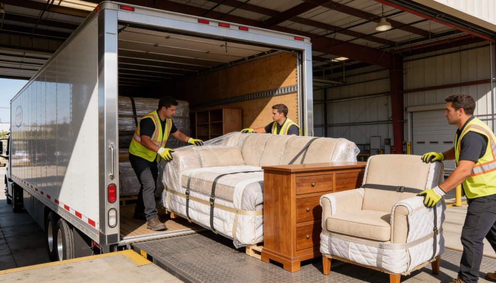 Furniture being carefully loaded into a specialized trailer for transportation services
